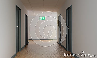 Corridor with an escape route and shield for the emergency exit Stock Photo