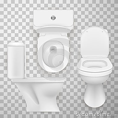 Flush toilet bowl WC pan water-closet realistic set. Side front top view Cartoon Illustration