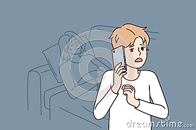 Flustered boy calls 911 and tells doctor symptoms of sick mom in need of medical attention Vector Illustration