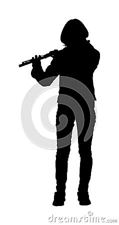 Flute music playing flutist musician performer with musical instrument, vector silhouette. Cartoon Illustration