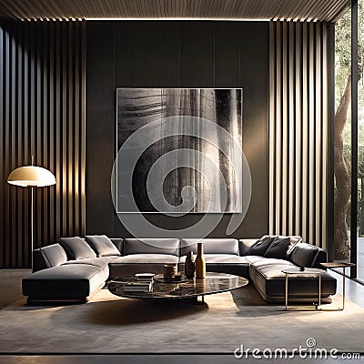 Fluted wall panels in luxury premium living room, contemporary minimalistic design. Generative AI Stock Photo