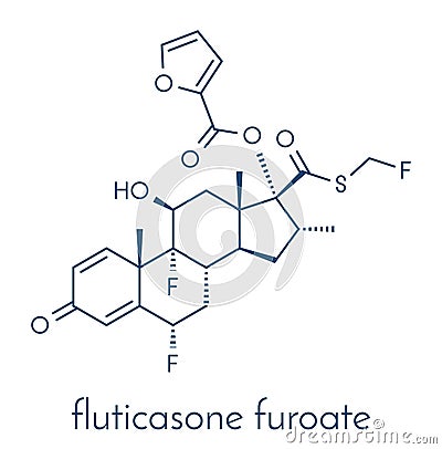 Fluticasone furoate corticosteroid drug molecule. Used in treatment of allergic rhinitis, COPD and chronic bronchitis. Skeletal. Vector Illustration