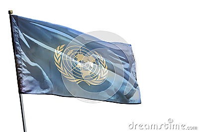 Fluttering United Nations flag on clear white background isolated Editorial Stock Photo