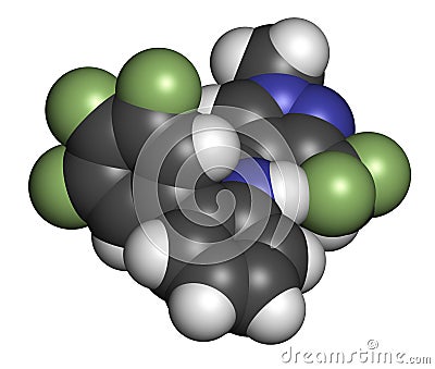 Fluxapyroxad fungicide molecule. 3D rendering. Atoms are represented as spheres with conventional color coding: hydrogen white,. Stock Photo