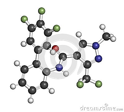 Fluxapyroxad fungicide molecule. 3D rendering. Atoms are represented as spheres with conventional color coding: hydrogen white,. Stock Photo