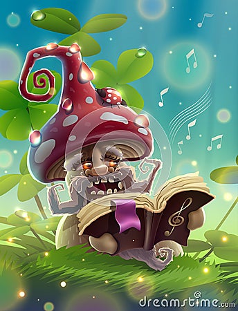 Fly agaric mushroom or amanita with musical book is singing in summer magic forest with green grass, beautiful clover flowers Vector Illustration