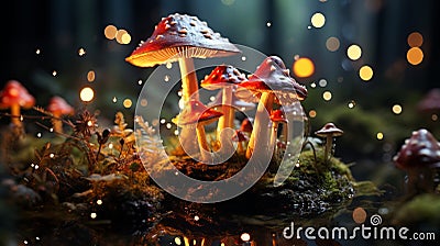 Fly agaric mushrooms grow in a forest clearing. Fabulous magic mushrooms dark forest. generative ai Stock Photo