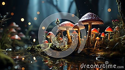 Fly agaric mushrooms grow in a forest clearing. Fabulous magic mushrooms dark forest. generative ai Stock Photo