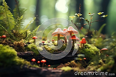 Fly agaric mushrooms grow on a stump in moss Stock Photo