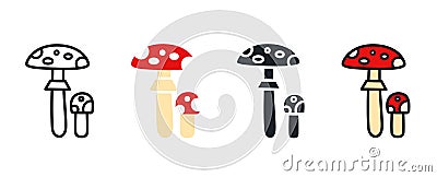 Fly agaric toadstool icon. Linear flat color icons contour shape outline. Thin line. Black vector silhouette. Fill solid Vector Illustration