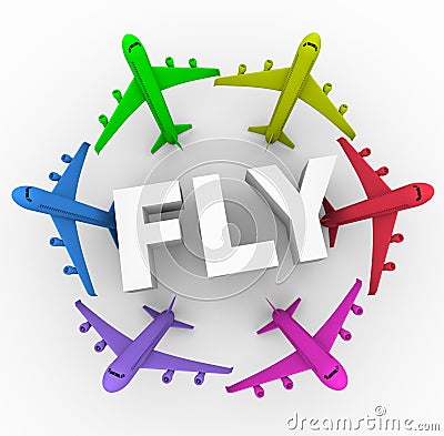 Fly - Colorful Airplanes Around Word Stock Photo