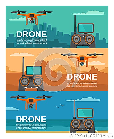 Fly drone with remote control on background city, sea, mountain. Vector Illustration