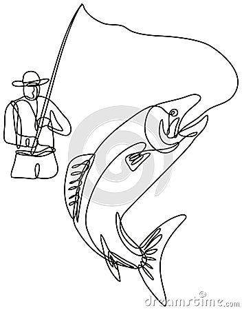 Fly Fisherman Catching Jumping Lake Trout Continuous Line Drawing Vector Illustration