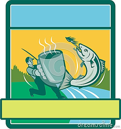 Fly Fisherman Catching Salmon Mug Rectangle Retro Vector Illustration