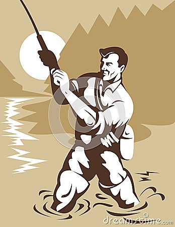 Fly fisherman catching trout Vector Illustration