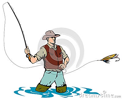 Fly Fisherman catching a trout Stock Photo