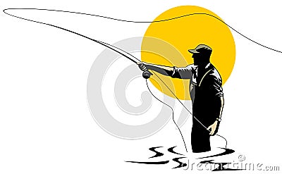 Fly fisherman catching a trout Vector Illustration