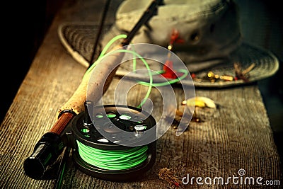 Fly fishing equipment with old hat Stock Photo