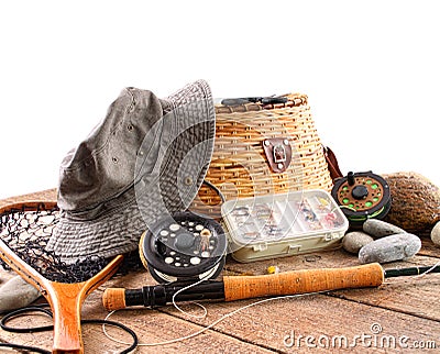 Fly fishing equipment on white Stock Photo