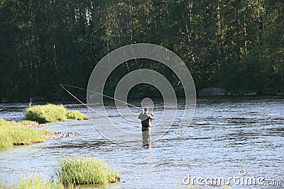 Fly fishing i ByskeÃ¤lv, Norrland Sweden Editorial Stock Photo