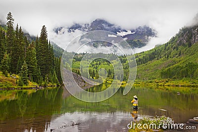 Fly Fishing at Maroon Bells, Colorado Stock Photo