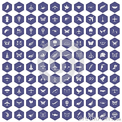 100 fly icons hexagon purple Vector Illustration