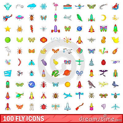 100 fly icons set, cartoon style Vector Illustration