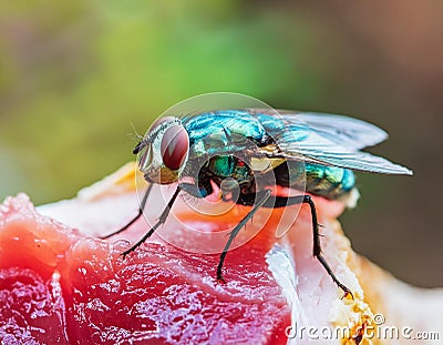 Flies on a Piece of Meat Stock Photo