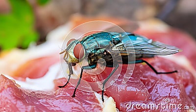 Flies on a Piece of Meat Stock Photo