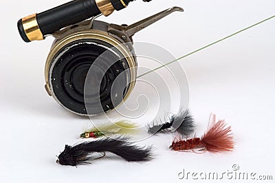 Fly rod, reel and flies Stock Photo