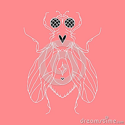 fly silhouette with hearts, eyes, wings, paws, dots and a star. Vector isolated hand drawing insect Vector Illustration