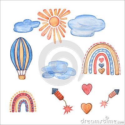 Fly in the sky Watercolor Clipart. Kids Wooden toys. hot air balloon, rainbow, clode, sun, heart, fireworks. Nursery Stock Photo