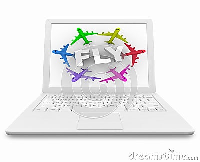 Fly Word and Planes on White Laptop Computer Stock Photo