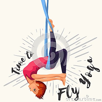 Fly yoga flat poster with girl in sportswear doing one-legged king or inverted pigeon aerial pose in hammock vector Vector Illustration