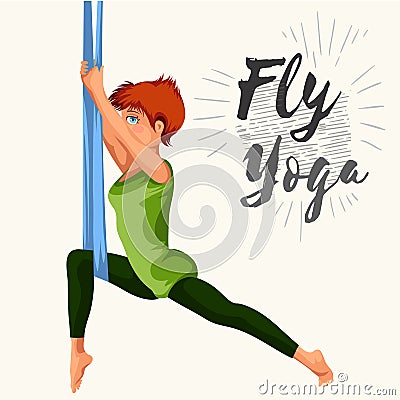 Fly yoga flat poster with girl in sportswear doing one-legged king or inverted pigeon aerial pose in hammock vector Vector Illustration