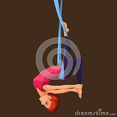 Fly yoga flat poster with girl in sportswear doing one-legged king or inverted pigeon aerial pose in hammock vector Vector Illustration