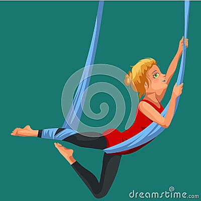 Fly yoga flat poster with girl in sportswear doing one-legged king or inverted pigeon aerial pose in hammock vector Vector Illustration