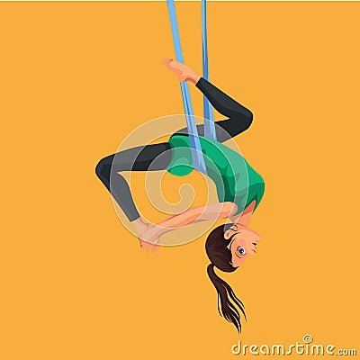 Fly yoga flat poster with girl in sportswear doing one-legged king or inverted pigeon aerial pose in hammock vector Vector Illustration