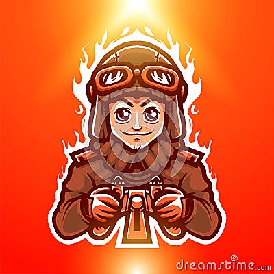 flyboy, pilot with aviator helmet and googles mascot logo for esport team logo Vector Illustration