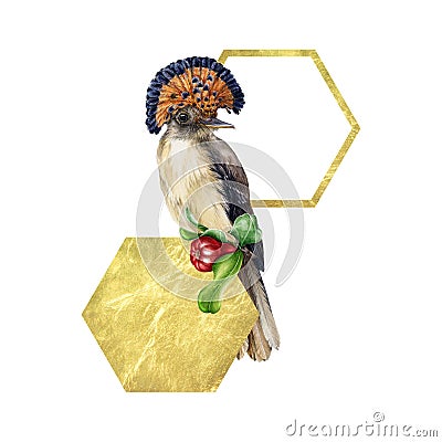 Flycatcher bird with pomegranate fruit and golden decoration hand drawn watercolor arrangement. Cartoon Illustration