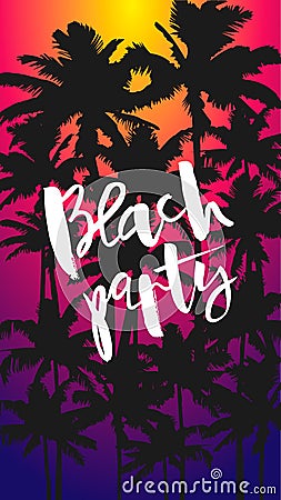 Flyer Beach party with black palm trees on color background. Vector Illustration