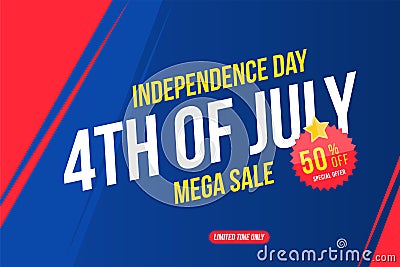 Flyer Celebrate Happy 4th of July - Independence Day. Mega sale with sticker 50 off. National American holiday event Vector Illustration