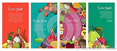 Flyer collection with exotic tropical fruits. Vertical backgrounds with place for text. Vector Illustration