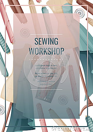 Flyer design with sewing mannequin and fabric rolls. Light industry. Needlework, hobby, sewing. Poster banner for sewing Vector Illustration