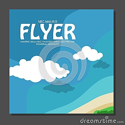 Flyer in flat style with a map of the island to travel and vacation on yacht clouds in the sky. Vector Illustration
