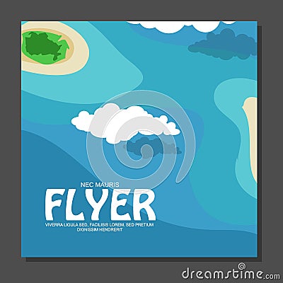 Flyer in flat style with a map of the island to travel and vacation on yacht clouds in the sky. Vector Illustration