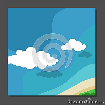 Flyer in flat style with a map of the island to travel and vacation on yacht clouds in the sky. View from the birds flight. Cartoon Illustration