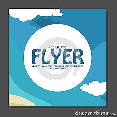 Flyer in flat style with a map of the island to travel and vacation on yacht clouds in the sky. View from the birds flight. Vecto Vector Illustration