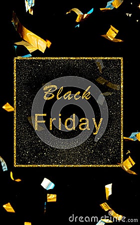 Flyer with golden confetti inviting for shopping in black friday, sales concept. Vertical flyer, black background Stock Photo