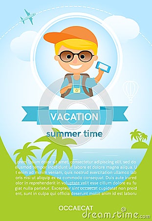 Flyer with a joyful cartoon traveler with a card in his hands Vector Illustration